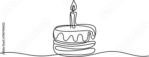 Birthday cake in continuous line art drawing style. Traditional birthday cake with candle on the top minimalist black linear. one line Icon drawing