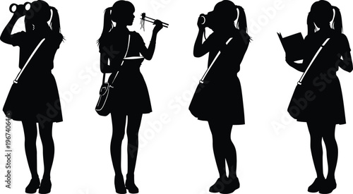 four black silhouettes of girls with musical instruments