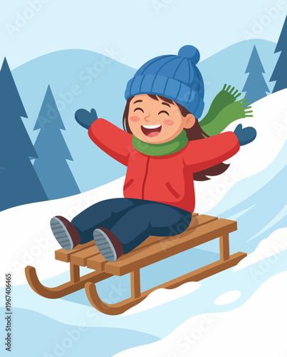 A joyful child wearing winter clothes gleefully sleds down a snowy hill, with a bright smile, colorful attire, and a scenic wintry background.