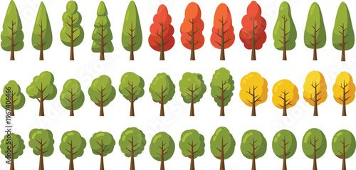 Tree collection illustration, seasonal trees set, green and autumn foliage, flat design vector, nature elements, forest icons, cartoon style