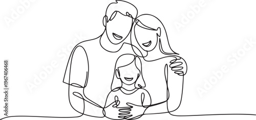 Happy family in continuous line art drawing style. United family portrait of parents and their little girl kid black linear. one line Icon drawing