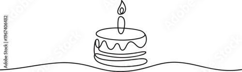 Birthday cake in continuous line art drawing style. Traditional birthday cake with candle on the top minimalist black linear. one line Icon drawing