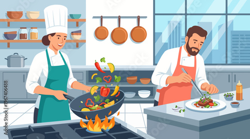 An engaging kitchen scene with chefs working, one skillfully tossing vegetables, while another artfully plating food, showcasing teamwork and culinary artistry in action.