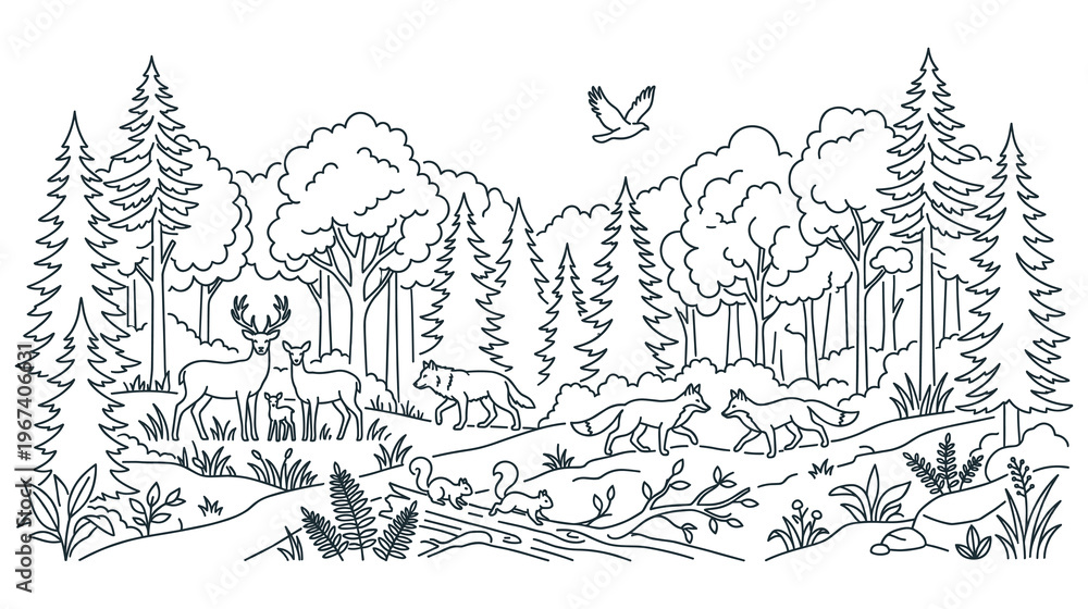 Fototapeta premium Forest landscape with wild animals line art for coloring book design.