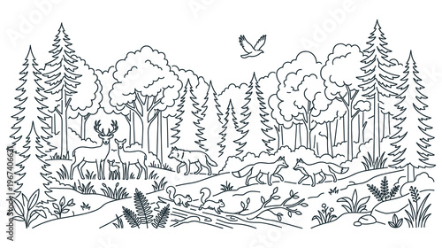 Forest landscape with wild animals line art for coloring book design.