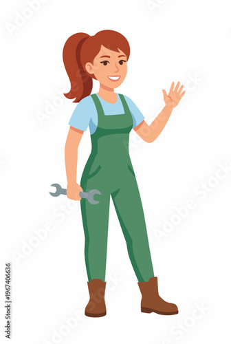 A skilled woman mechanic enthusiastically waving goodbye while holding a wrench, symbolizing empowerment and expertise in traditionally male-dominated professions.