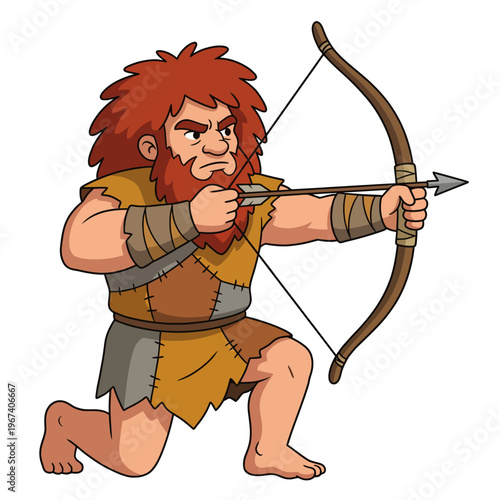 This image illustrates a fierce cartoon hunter character drawing a bow and arrow, capturing a primal sense of focus and determination in a whimsical style.