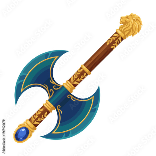 This striking image features a double-edged battle axe with intricate details and a lion motif, symbolizing strength, courage, and epic tales of fantasy and adventure.