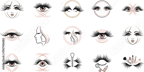 Beauty Eyelash and Eye Makeup Illustration Set with Lash Extensions, Cosmetic Tools, and Glamour Facial Features for Salon and Makeup Design