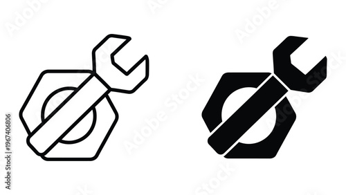 Two contrasting wrench and nut icons with different line styles and fill patterns