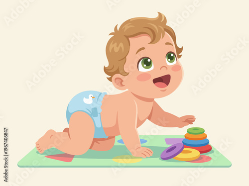 A joyful baby crawling on a colorful playmat surrounded by stacking toys, representing innocence and the beauty of early childhood development in a vibrant environment.