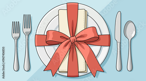 A beautiful graphic depicting a elegantly arranged plate with a napkin and a bow, perfect for representing culinary arts, gourmet dining, or special occasions.