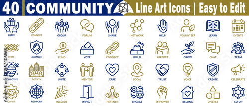 Community line art icons set. Showing social connection, sharing group forum network, help volunteer learn events unite alliance fund, and voting for society, vector illustration.