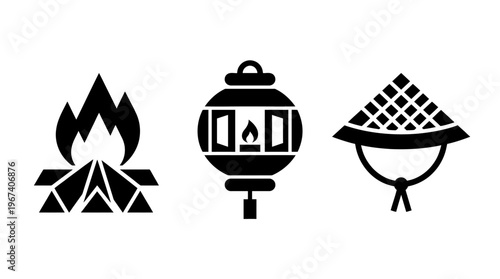 Icon Set Campfire, Lantern, and Conical Hat