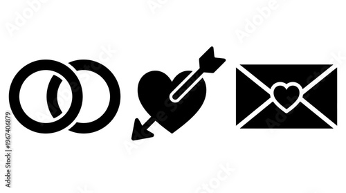 Wedding rings, heart with arrow, and envelope icon