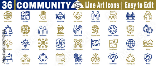 Community line art icons set. Featuring social networking symbols, volunteer hands, and global connection elements for inclusive neighborhood development vector illustration.