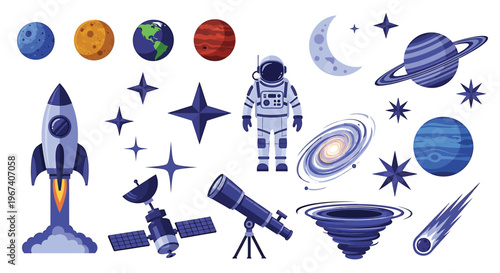 Astronaut Spacesuit Rocket Planets Stars Galaxy Telescope Satellite