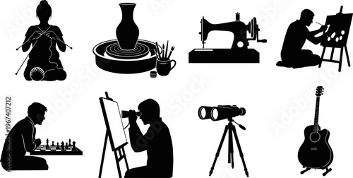Artistic hobby and craft silhouette collection featuring people knitting, pottery wheel, sewing machine, painting, chess player, astronomy with telescope, and acoustic guitar on white background.