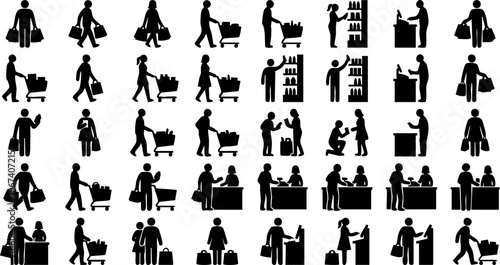 Retail shopping silhouettes collection, supermarket customers checkout payment and purchasing vector icons set