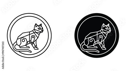 Contrasting depictions of a mechanical cat illustration in positive and negative space designs