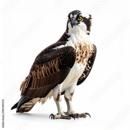 Full body studio portrait of an osprey bird of prey standing isolated on a white background, displaying detailed brown plumage, sharp talons, a hooked beak, and intense yellow eyes.
