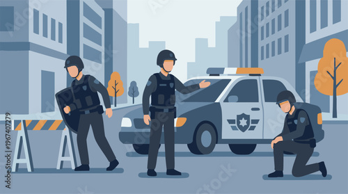 Police officers with car and barrier on an urban street in flat design