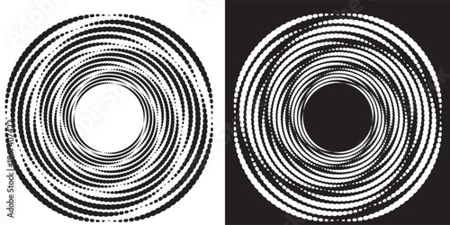 Modern abstract background. Halftone dots in circle form. Spiral logo, icon or design element. Black dots on a white background and white dots on the black side.