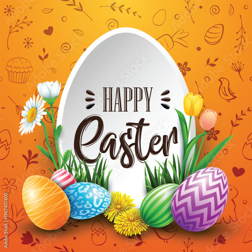 Festive easter greeting with decorated eggs and floral accents