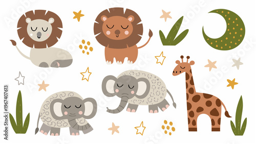 Sleeping safari animals at night with stars and moon peaceful wildlife scene with lion giraffe and elephant