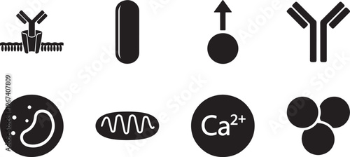 Cell signaling icon set illustrating molecular communication pathways, receptors, and biological processes