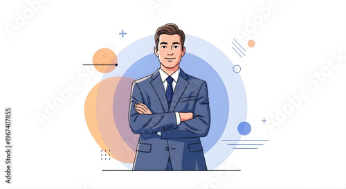 A confident businessman standing in front of a colorful abstract background