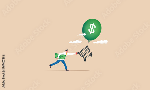 Inflation Concept with Man Chasing Floating Shopping Cart and Dollar Balloon