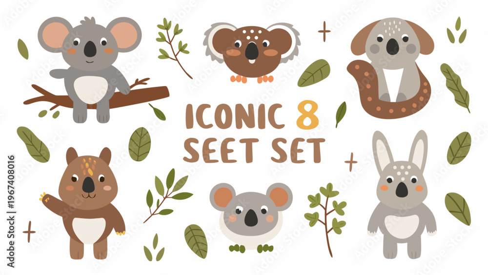 Obraz premium Vector set of 8 cute iconic australian koala characters with leaves on white background for design