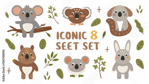 Vector set of 8 cute iconic australian koala characters with leaves on white background for design
