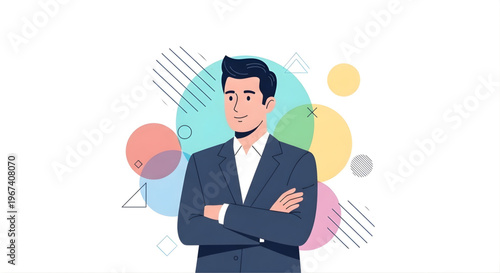 A confident businessman standing in front of a colorful geometric background