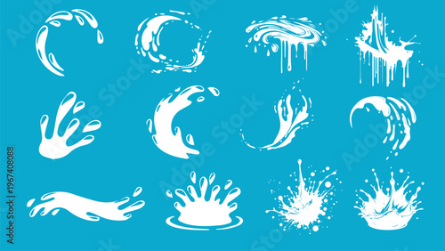 Cartoon milkshake splash. Flat white milk blots and drops, dairy swirl, pour yogurt splashes, milky waves and shapes for logo, emblems, sign. Vector set liquid. Eps 10