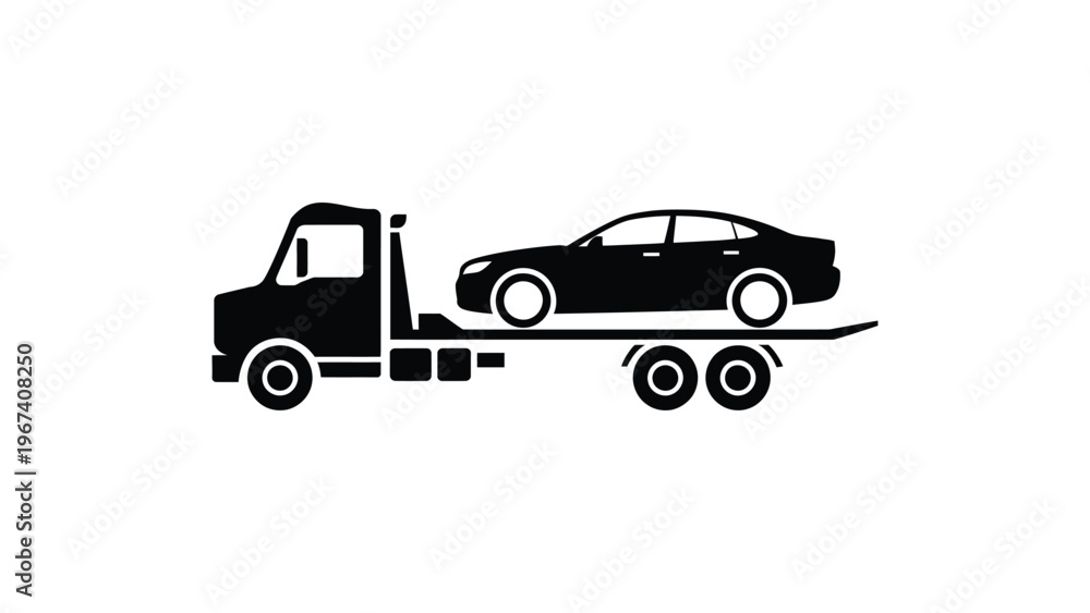 Obraz premium car carrier tow truck transporting vehicle silhouette auto transport service flatbed trailer black and white minimal illustration