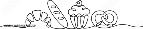 Bakery products in continuous line art drawing style. one line Icon drawing