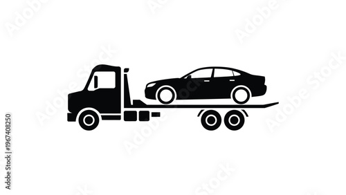 car carrier tow truck transporting vehicle silhouette auto transport service flatbed trailer black and white minimal illustration