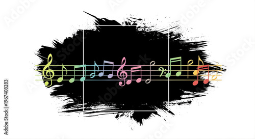 A colorful musical staff with notes on a black brush stroke background