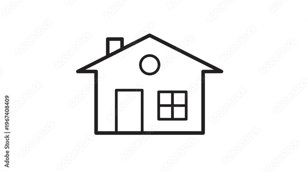 Fototapeta premium House icon with simple line drawing of a home with a chimney, door, window, and circular detail. featuring building, dwelling, residence with