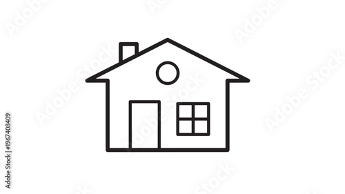 House icon with simple line drawing of a home with a chimney, door, window, and circular detail. featuring building, dwelling, residence with