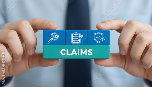 Professional hands hold blocks illustrating insurance claims process including investigation documentation and risk management in a clear business set