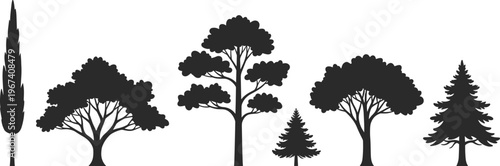 Various Tree Silhouettes Set Featuring Cypress, Oak, Pine, and Fir Trees for Nature, Landscaping, and Environmental Design Projects