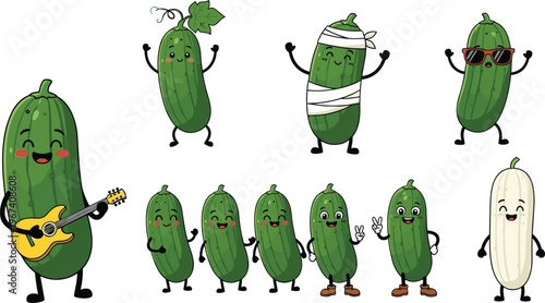 Cute cucumber cartoon character set. Funny vegetable mascots with different emotions and actions. Green food characters for kids design, stickers and branding illustration.