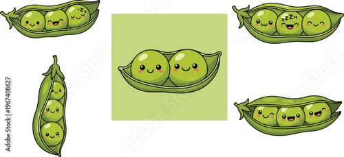 Cute pea pod cartoon set. Funny green peas characters in different poses. Kawaii vegetable mascots collection for stickers, kids design and social media.