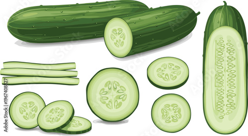 Fresh cucumber vegetable set isolated. Whole and sliced cucumbers with detailed texture. Healthy green food illustration. Organic ingredient for salad, cooking and nutrition design.