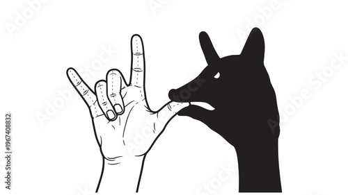 Hand in rock on gesture biting shadow wolf head symbol with white background and graphic line art style