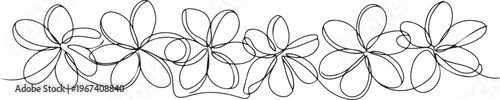 Plumeria flowers in continuous line art drawing style. Border with fragrant tropical plumeria (frangipani, jasmine) flowers. one line Icon drawing