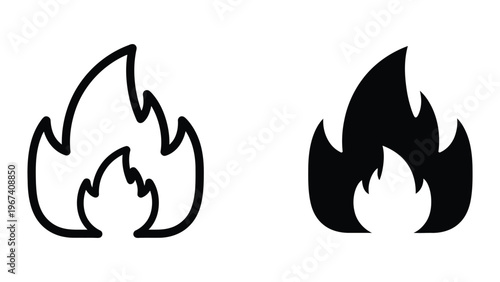 Contrasting visual styles of fire icons in outline and solid black formats